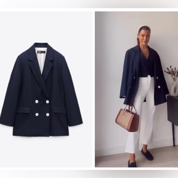 ZARA NAVY BLUE DOUBLE BREASTED BLAZER - Picture 1 of 14